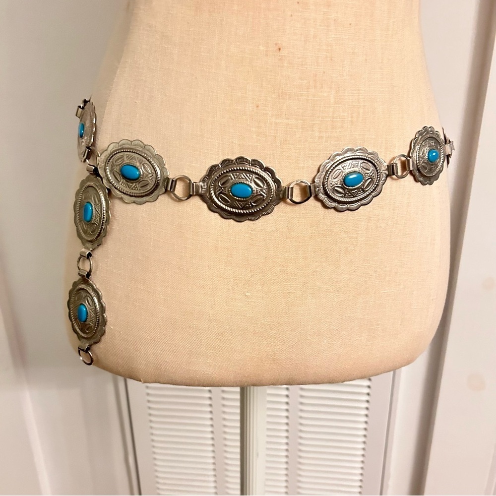 Silver and faux Turquoise Concho adjustable Belt